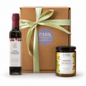 Gift set with Orange blossom honey, pomegranate balsamic and a gift box with a ribbon.