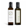 Two bottles of olive oil with labels on a white background