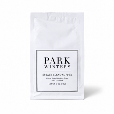 White coffee bag with 'Park Winters' branding on a white background
