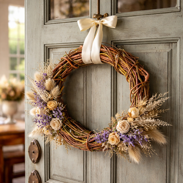 Decorative wreath with flowers and a bow on a wooden door