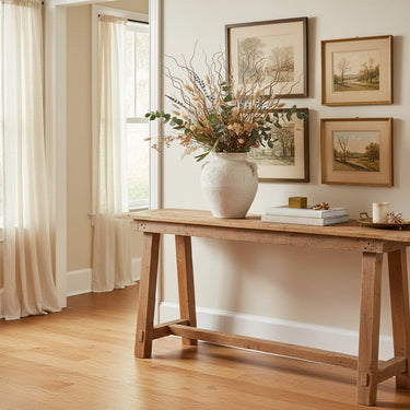 Wooden console table with a vase of flowers and framed pictures on a wall in a room with curtains and a window.